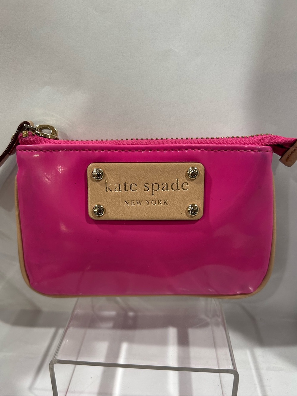 Kate Spade Hot Pink Pouch with Beige Logo Plaque